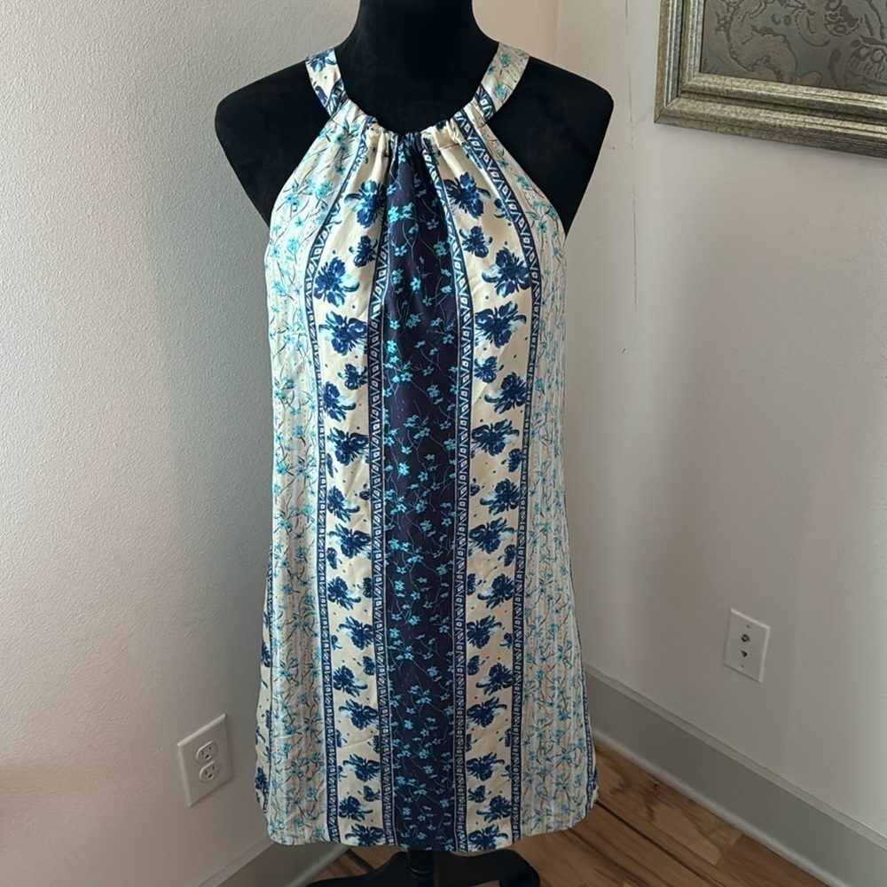 Sundance 100% Silk blue print sleeveless shift dress Sz S